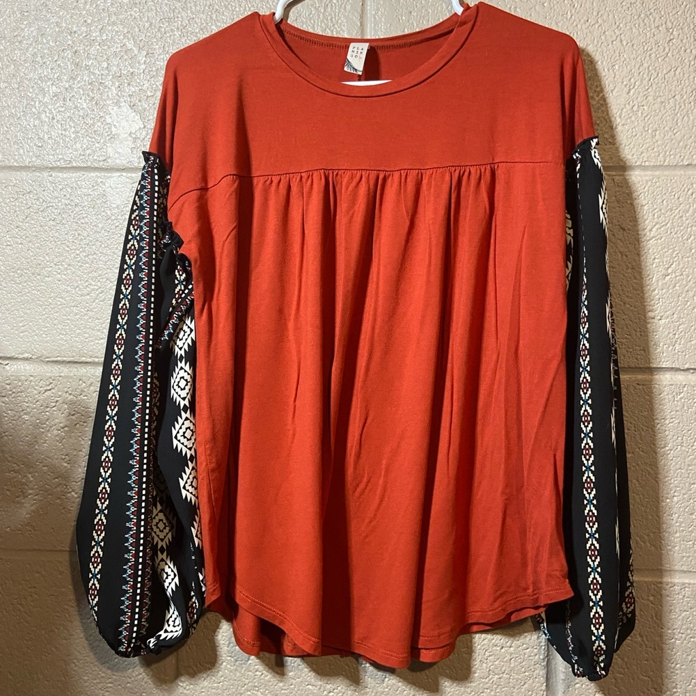 Flamingo orange blouse with patterned sleeves size medium